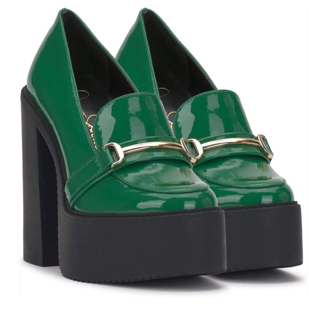 Jessica Simpson Green and Black Platform Loafers with Gold Detail